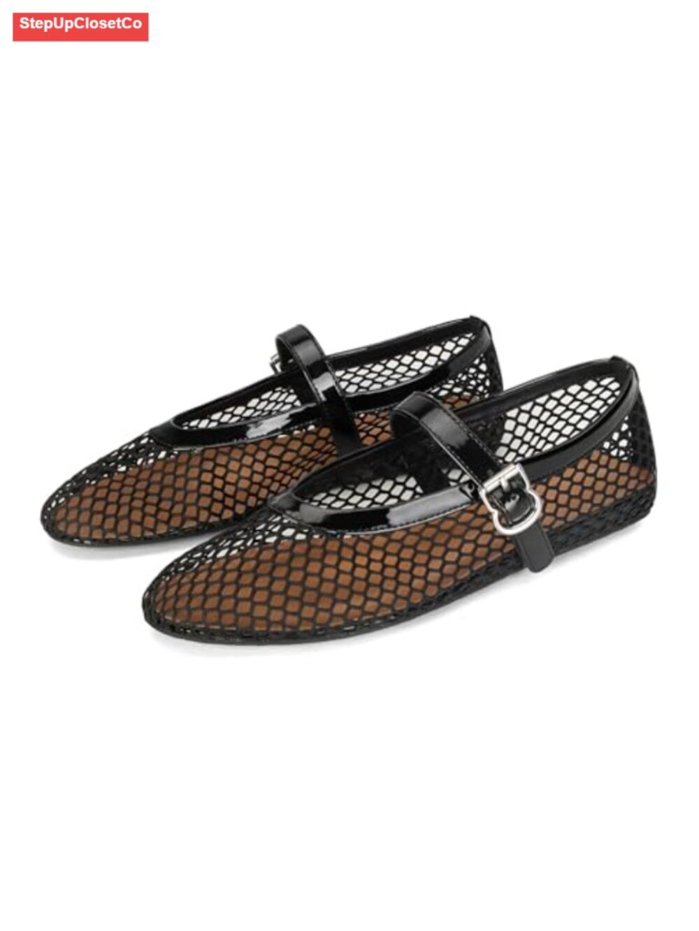 Mesh Ballet Flats with Buckle Strap Comfy Casual Office Fishnet Ballerina Shoes